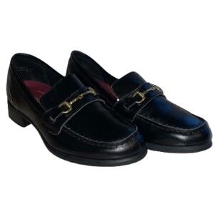 Munro Gryffin Black Leather Loafers - Gold Buckle Penny Loafer - Size 7W